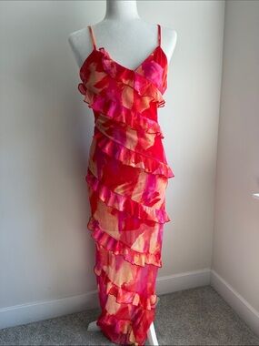 Y2K Spiral Ruffle Maxi Backless Strappy Dress in Fuchsia Pink and Coral